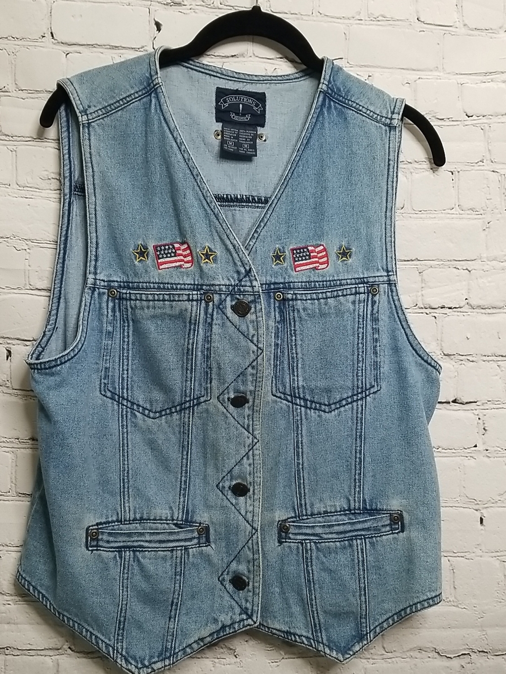 Solutions Original Denim Vest Patriotic W/pockets 100% Cotton Size Medium GUC